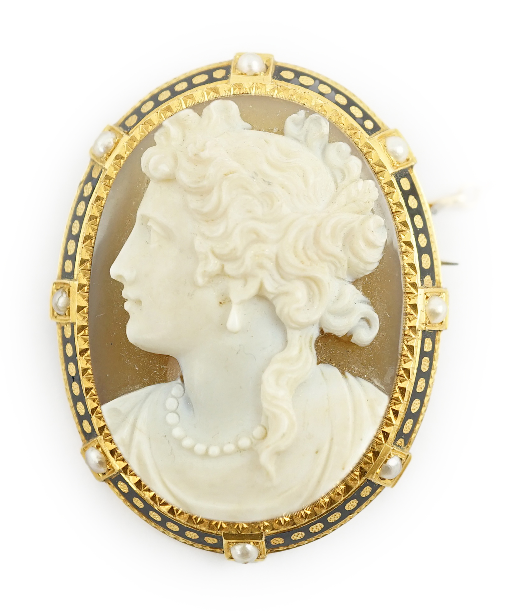 A Victorian gold, enamel and seed pearl mounted oval cameo hardstone brooch